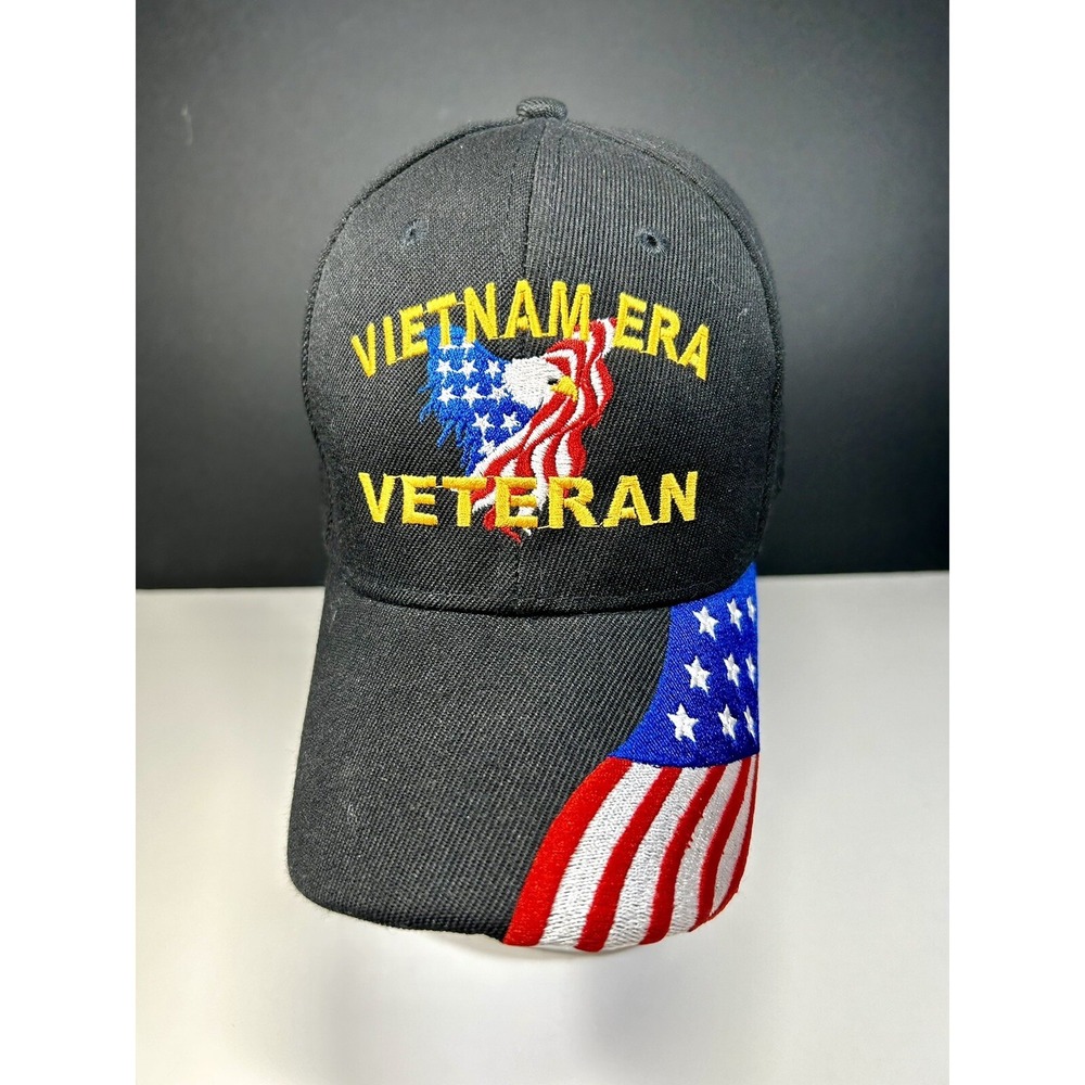 Vietnam ERA Veteran Baseball Cap Black Military Hat w/ American Flag Eagle strap